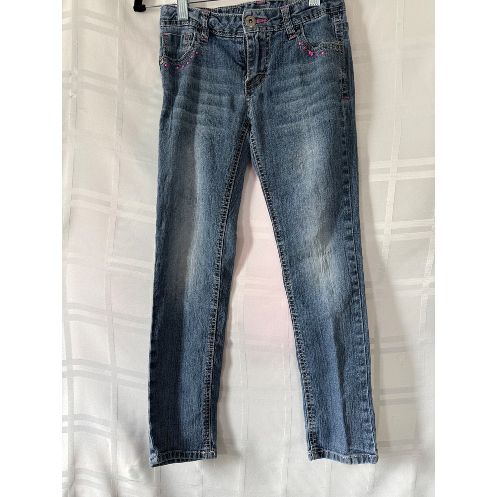 Faded Glory Girls Medium Wash Denim Jeans Pink Embroidered Heart Wings Size 7